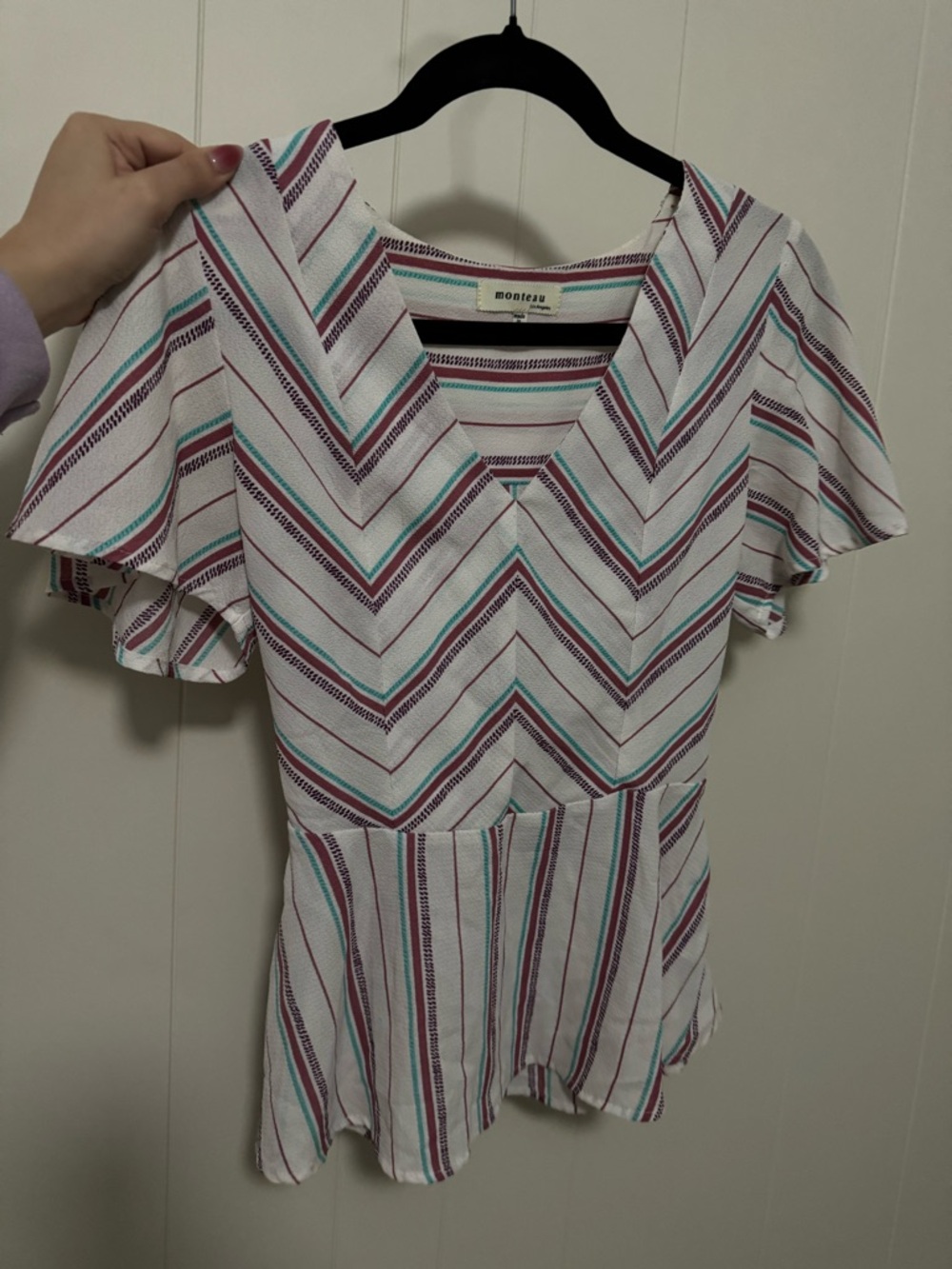 Monteau White V-Neck Tunic with Teal and Burgundy Stripes